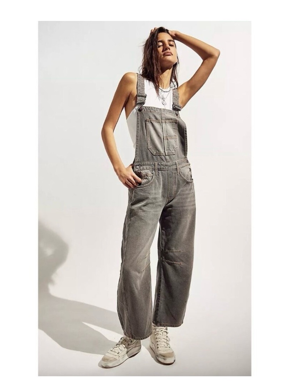We The Free Washed Gray Good Luck Barrel Overalls